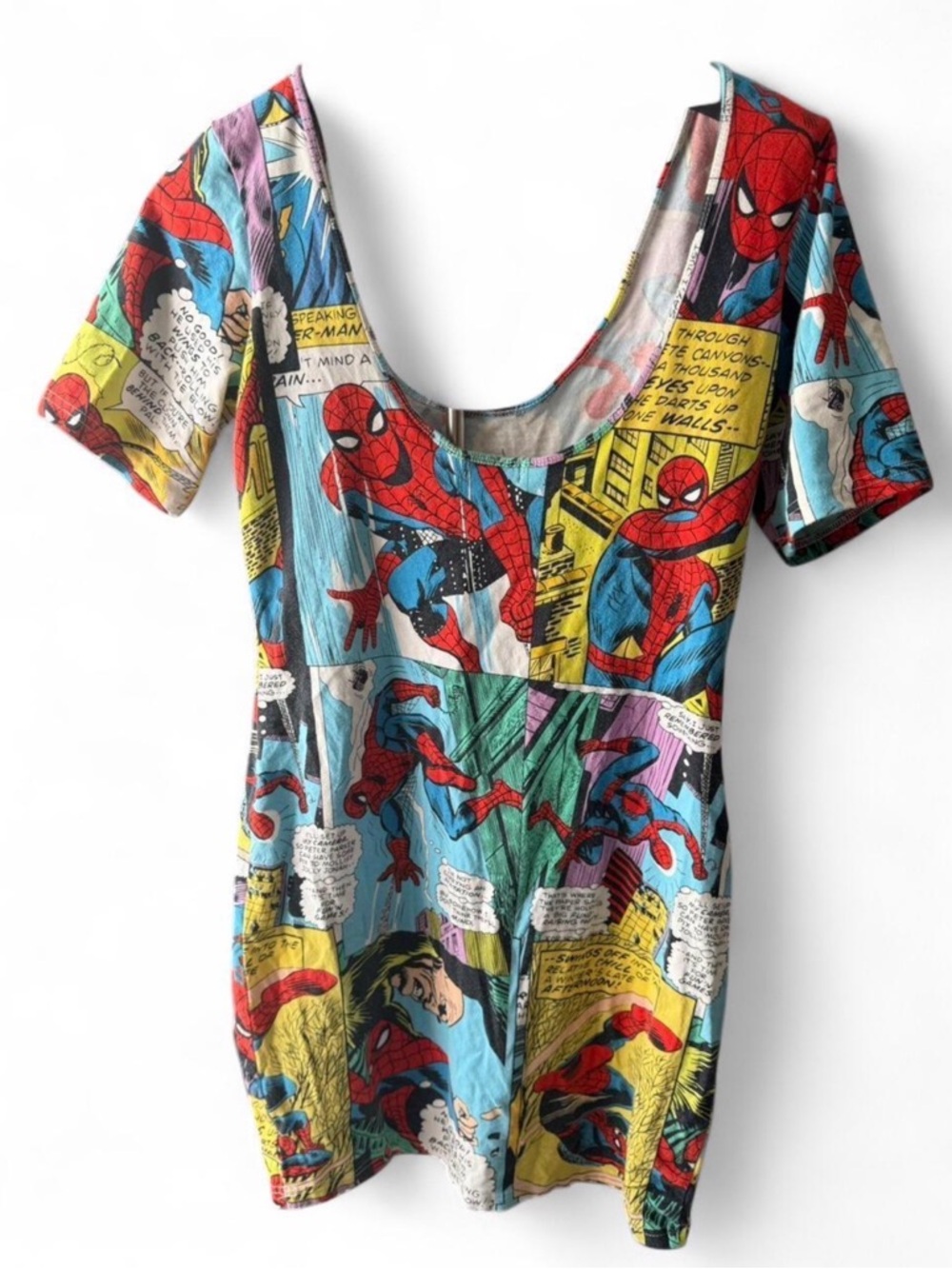 Y2K Wet Seal Spider-Man Comic Print Mini Dress - Red, Blue, Yellow, Green